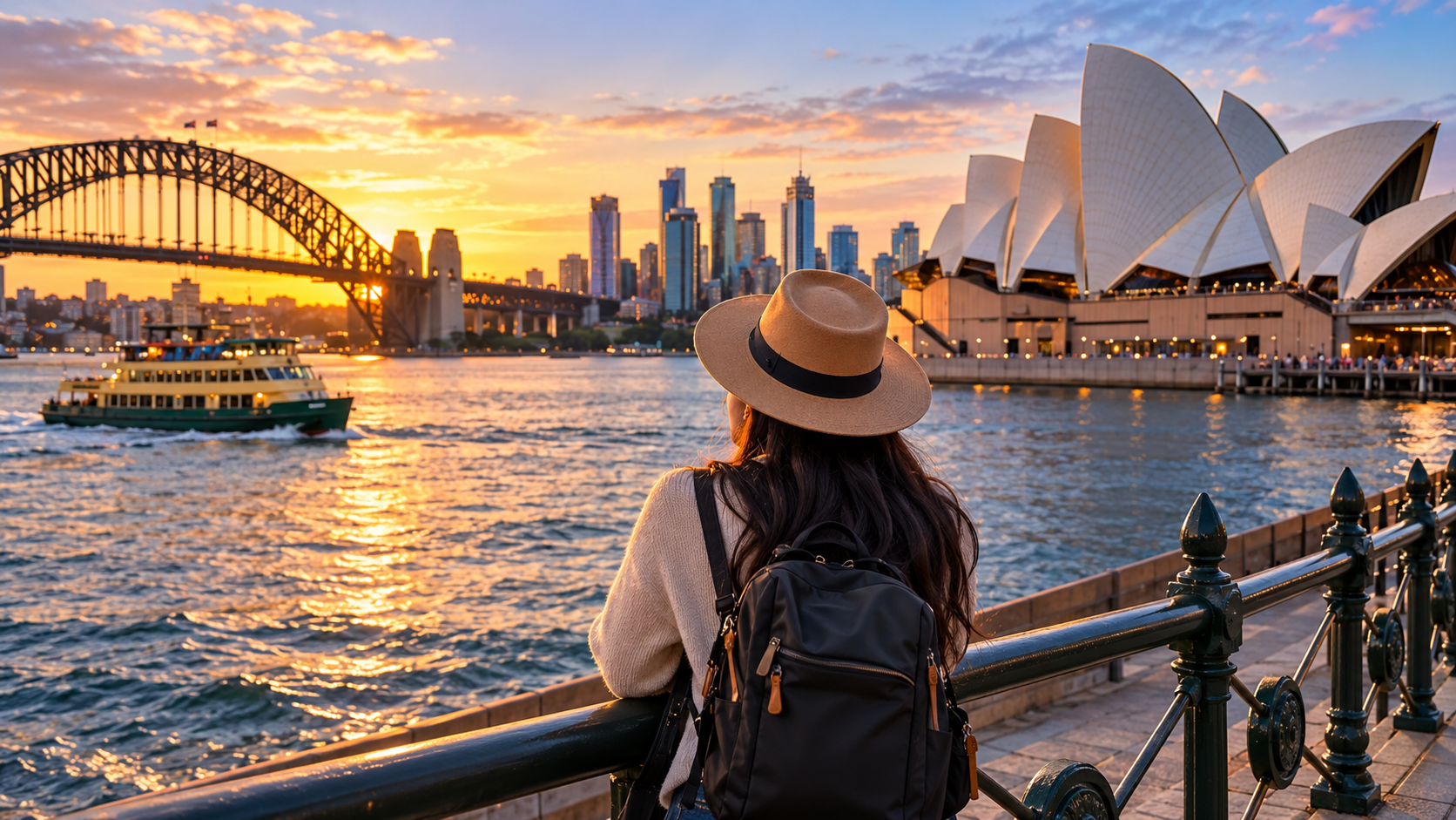 Traveler overlooking Sydney Harbour at sunset